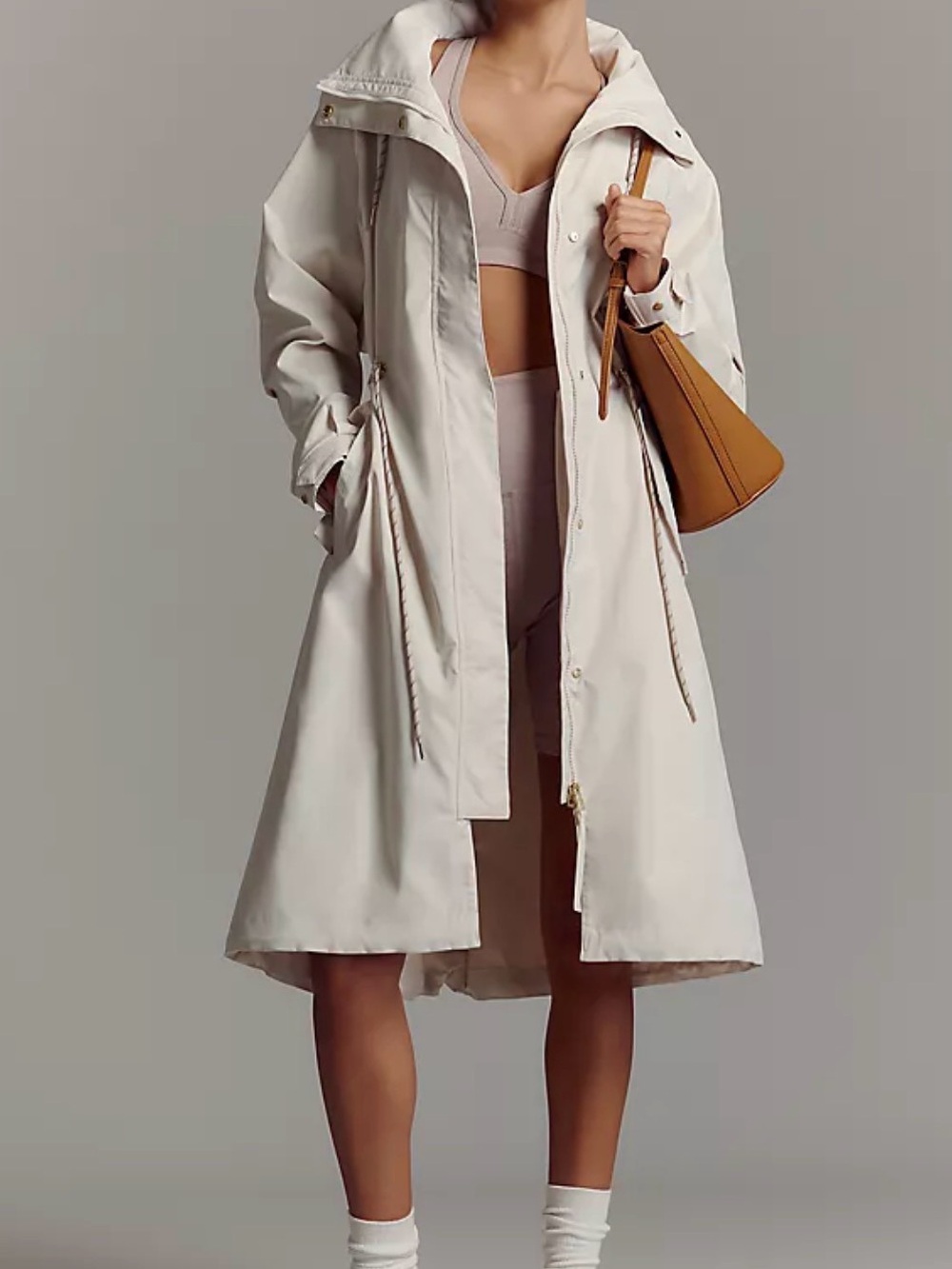 Varley Cream Hooded Trench Coat